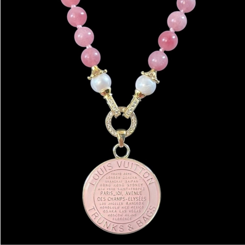 Authentic Louis Vuitton Pink Trunk & Bags Natural Gem Necklace